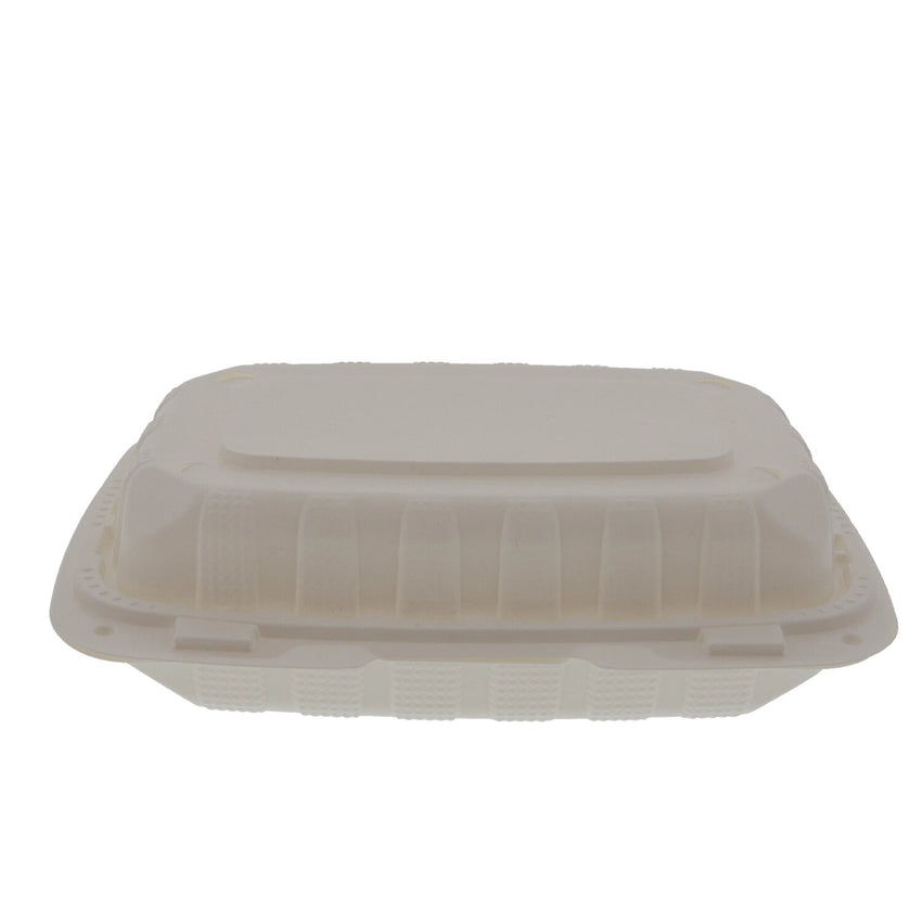 Hinged Lid Mineral Filled Containers - 9" x 6" x 3", 1 Compartment, Lightweight, White, closed