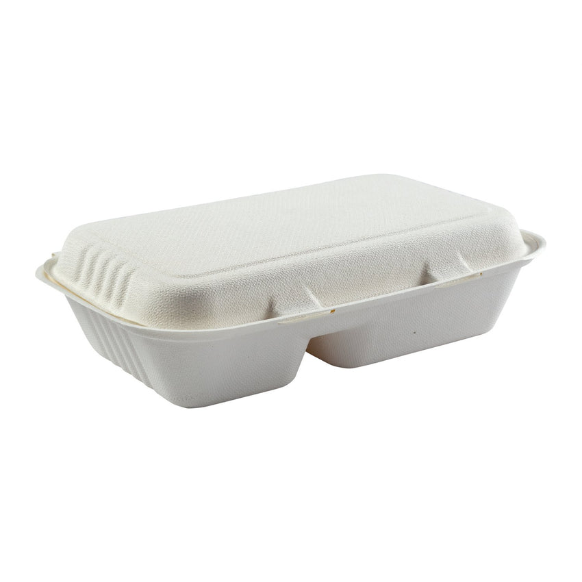Boardwalk BWKHINGEWF1CM9 Bagasse Molded Fiber Food Containers, Hinged-Lid, 1-Compartment 9 x 9, White, 100/Sleeve, 2 Sleeves/Carton
